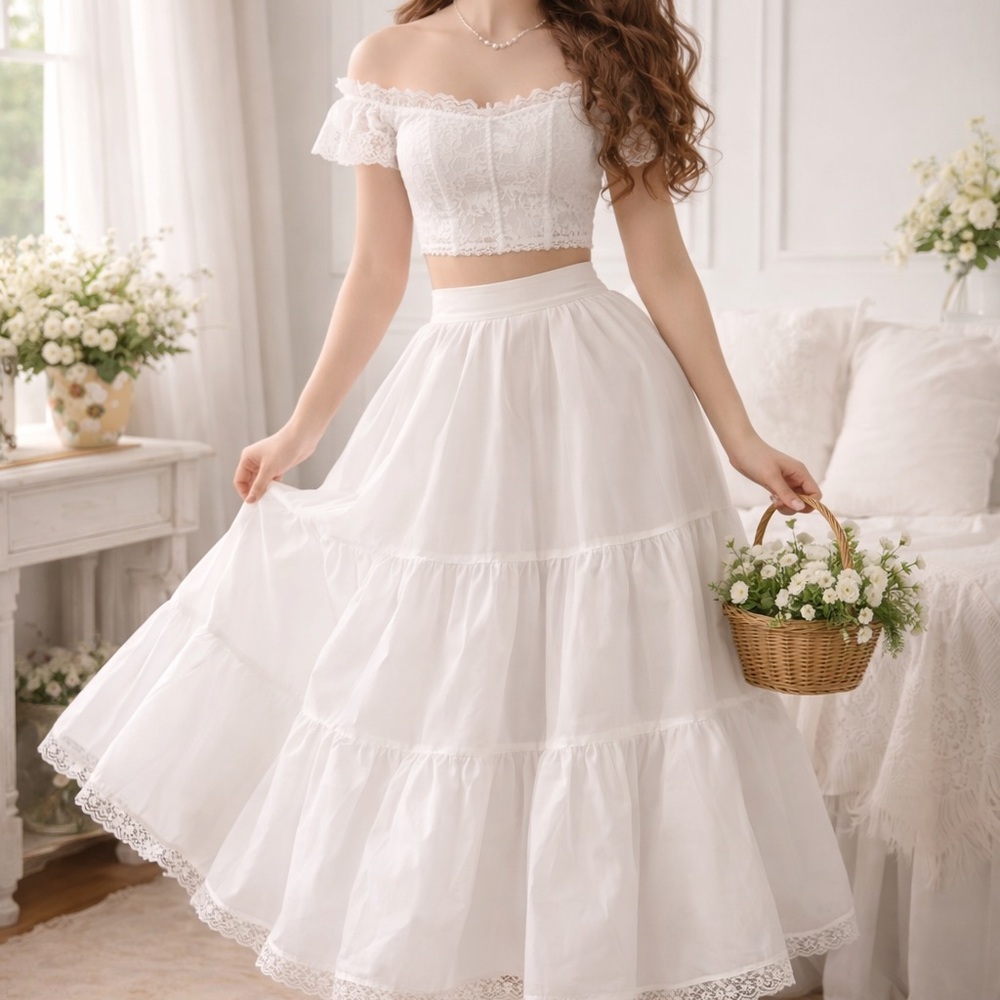 Vintage White Nylon Petticoat Crinoline Lace Hem Maxi Slip Skirt